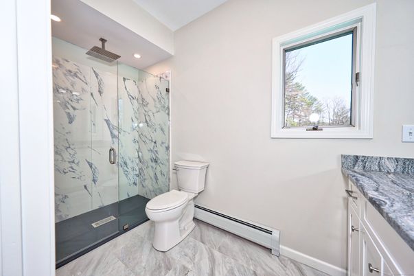 Bathroom, Glass Shower, Interior, Marble, Marble Walls, Recessed Lighting