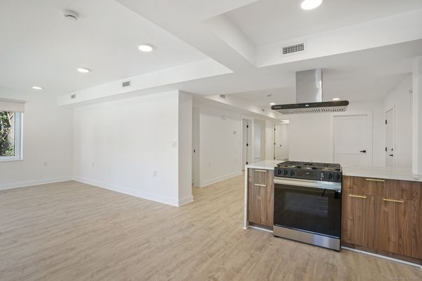 Interior, Kitchen, Recessed Lighting, Stainless Steel Appliances, Wood Texture Flooring