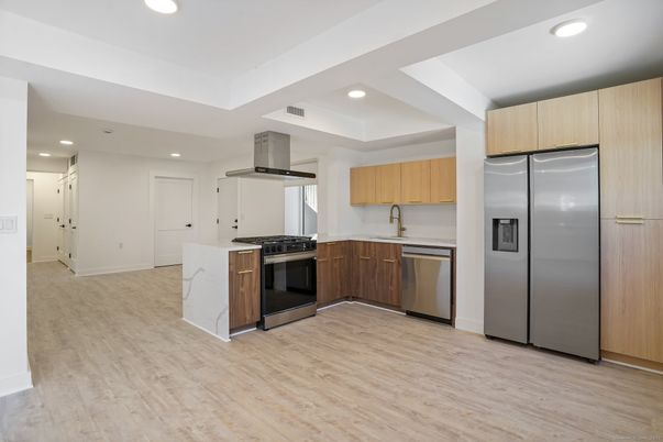 Interior, Kitchen, Recessed Lighting, Stainless Steel Appliances, Wood Texture Flooring