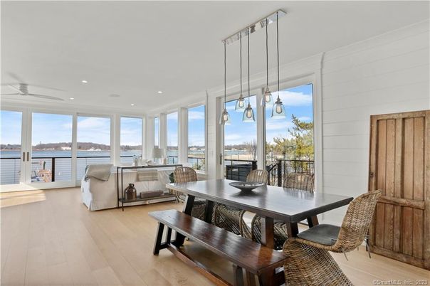 Dining room, Interior, Living room, Pendant Lights, Recessed Lighting, Water, Wood Texture Flooring