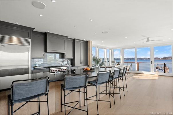 Interior, Kitchen, Recessed Lighting, Stainless Steel Appliances, Water, Wood Texture Flooring