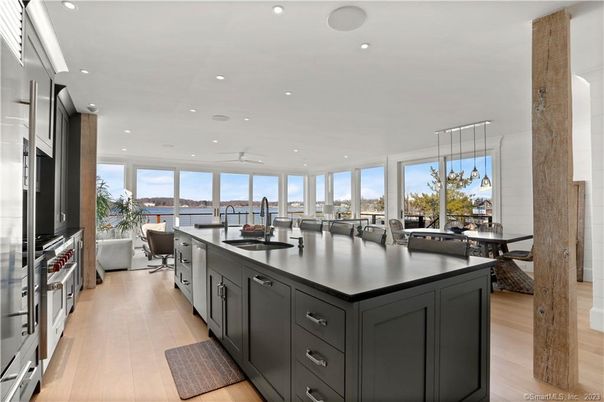 Dining room, Interior, Kitchen, Pendant Lights, Recessed Lighting, Water, Wood Texture Flooring