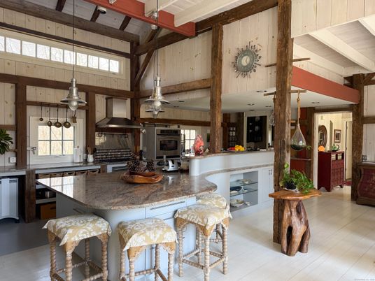 Interior, Kitchen, Pendant Lights, Stainless Steel Appliances, Wooden Beams, Wood Texture Flooring