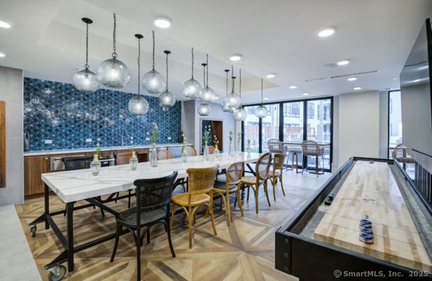 Dining room, Interior, Pendant Lights, Recessed Lighting, Wood Texture Flooring