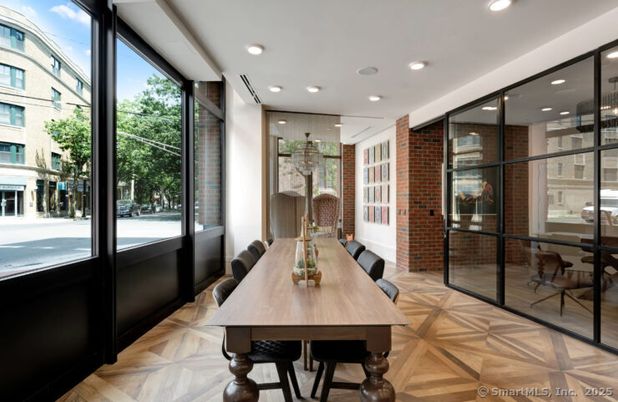 Dining room, Interior, Recessed Lighting, Stone Walls, Wood Texture Flooring