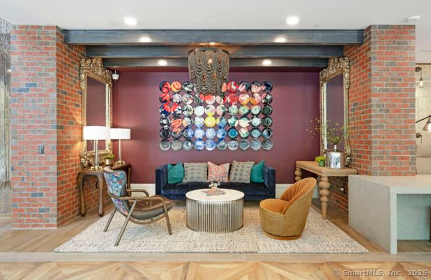 Interior, Living room, Pendant Lights, Recessed Lighting, Stone Walls, Wood Texture Flooring