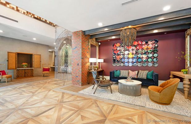 Interior, Living room, Recessed Lighting, Stone Walls, Wood Texture Flooring