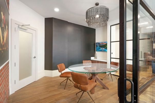 Chandelier, Dining room, Interior, Recessed Lighting, Wood Texture Flooring