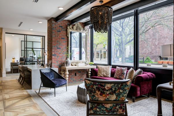 Interior, Living room, Pendant Lights, Recessed Lighting, Stone Walls, Wood Texture Flooring