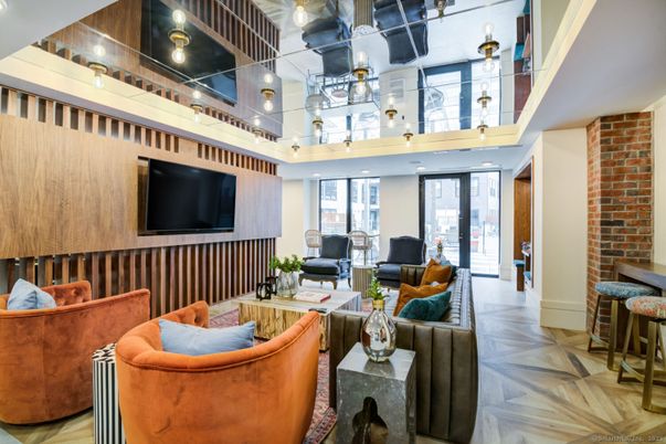 Interior, Living room, Recessed Lighting, Stone Walls, Wood Texture Flooring