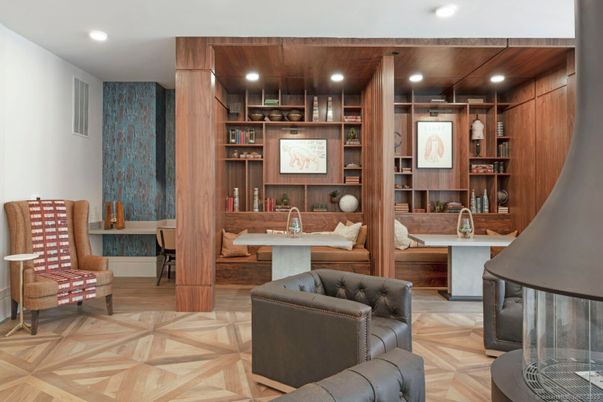 Home Office, Interior, Recessed Lighting, Wood Texture Flooring, Wooden Walls
