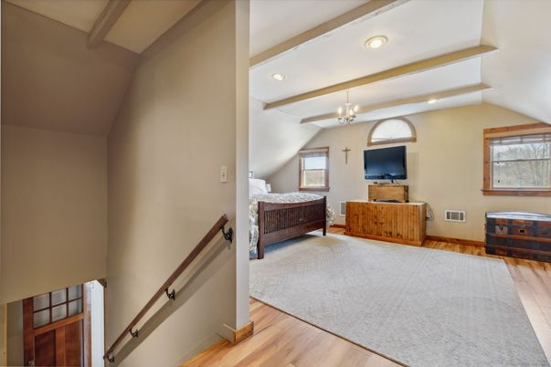 Bedroom, Chandelier, Interior, Recessed Lighting, Wood Texture Flooring