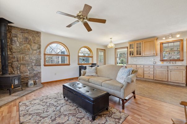 Chandelier, Interior, Kitchen, Living room, Stone Walls, Wood Texture Flooring