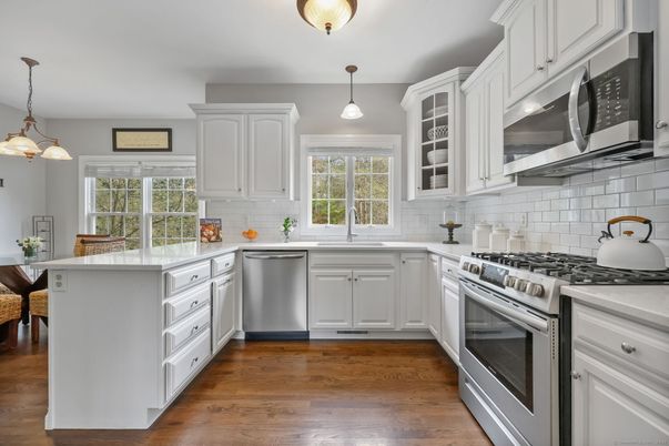 Interior, Kitchen, Pendant Lights, Stainless Steel Appliances, Wood Texture Flooring
