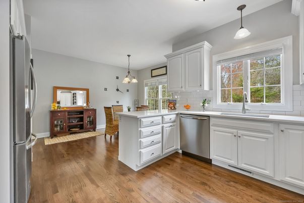 Dining room, Interior, Kitchen, Pendant Lights, Stainless Steel Appliances, Wood Texture Flooring