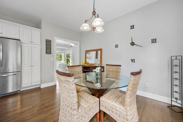 Dining room, Interior, Kitchen, Pendant Lights, Stainless Steel Appliances, Wood Texture Flooring