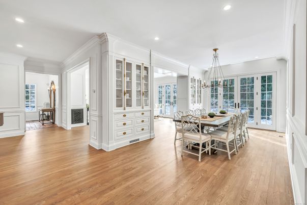 Dining room, Interior, Pendant Lights, Recessed Lighting, Wood Texture Flooring