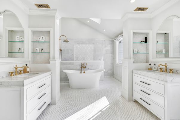 Bathroom, Dual Sink Vanities, Free Standing Baths, Glass Shower, Interior, Recessed Lighting