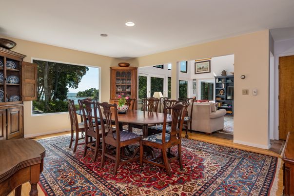 Dining room, Fireplace, Interior, Living room, Recessed Lighting, Wood Texture Flooring