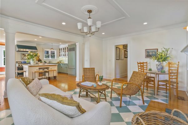 Chandelier, Dining room, Interior, Kitchen, Living room, Recessed Lighting, Stainless Steel Appliances, Wood Texture Flooring