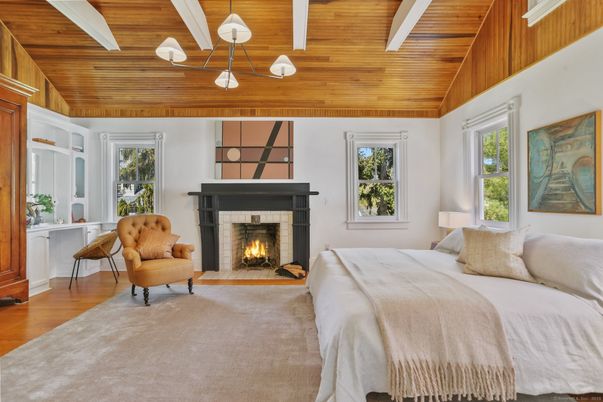 Bedroom, Fireplace, Interior, Pendant Lights, Wooden Ceilings, Wood Texture Flooring