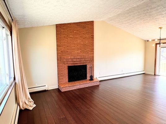 Empty room, Fireplace, Interior, Pendant Lights, Stone Walls, Wood Texture Flooring