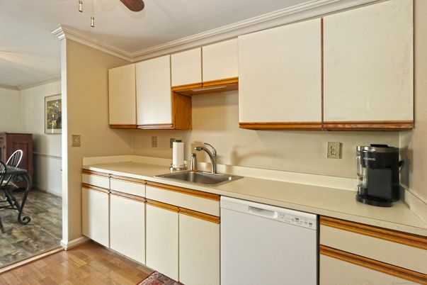 Interior, Kitchen, Tile Countertops, Wood Texture Flooring