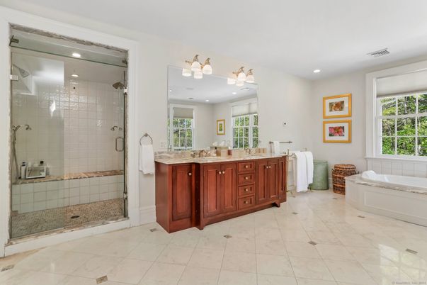 Bathroom, Dual Sink Vanities, Glass Shower, Interior, Recessed Lighting