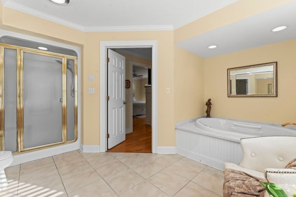 Bathroom, Glass Shower, Interior, Recessed Lighting, Wood Texture Flooring