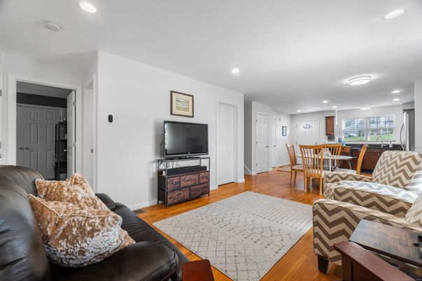 Dining room, Interior, Living room, Recessed Lighting, Wood Texture Flooring