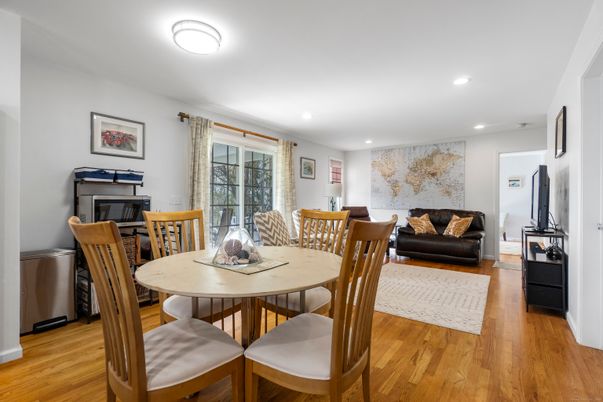 Dining room, Interior, Recessed Lighting, Wood Texture Flooring