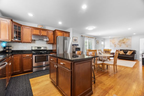 Dining room, Interior, Kitchen, Recessed Lighting, Stainless Steel Appliances, Wood Texture Flooring