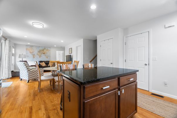 Dining room, Interior, Living room, Recessed Lighting, Wood Texture Flooring