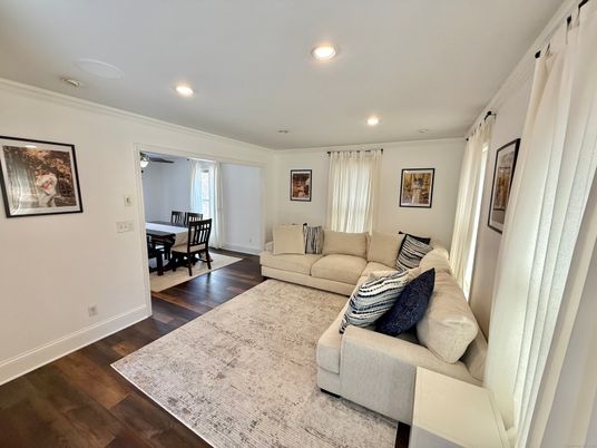 Dining room, Interior, Living room, Recessed Lighting, Wood Texture Flooring