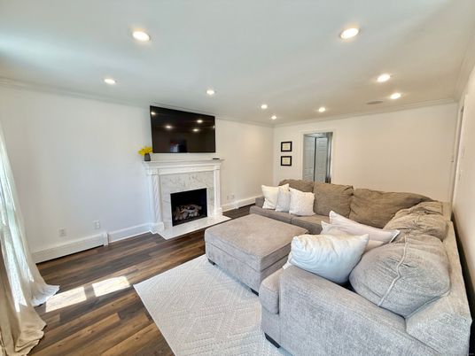 Fireplace, Interior, Living room, Recessed Lighting, Wood Texture Flooring
