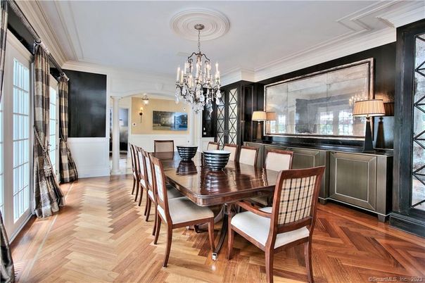 Chandelier, Dining room, Interior, Wood Texture Flooring