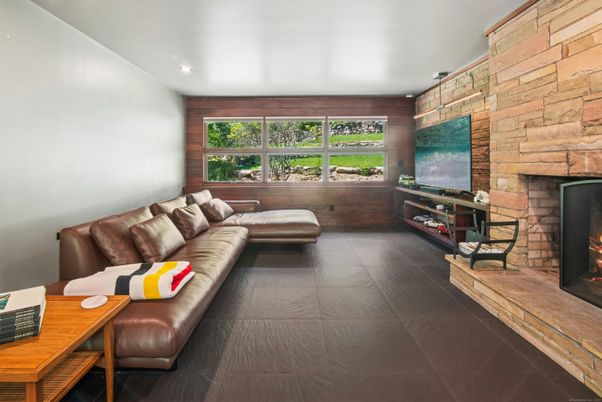 Fireplace, Interior, Living room, Recessed Lighting, Stone Walls