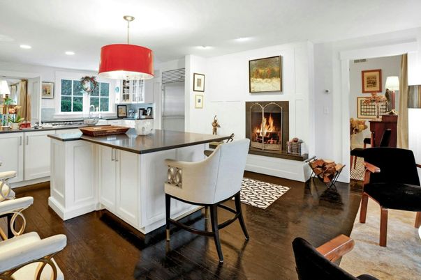 Fireplace, Interior, Kitchen, Pendant Lights, Recessed Lighting, Stainless Steel Appliances, Wood Texture Flooring
