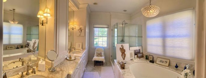 Bathroom, Dual Sink Vanities, Glass Shower, Interior, Pendant Lights