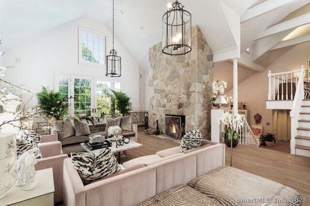 Fireplace, Interior, Living room, Pendant Lights, Stone Walls, Wood Texture Flooring