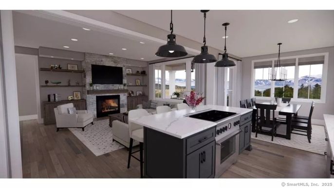 Dining room, Fireplace, Interior, Kitchen, Living room, Pendant Lights, Recessed Lighting, Wood Texture Flooring
