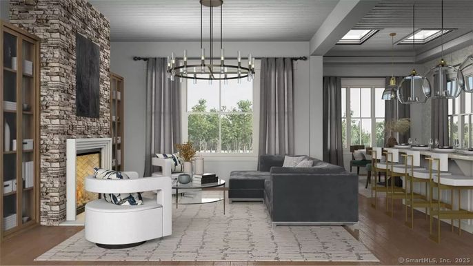 Chandelier, Dining room, Fireplace, Interior, Living room, Pendant Lights, Stone Walls, Wooden Ceilings, Wood Texture Flooring