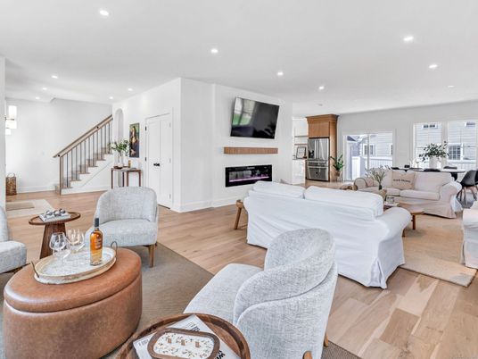Fireplace, Interior, Kitchen, Living room, Recessed Lighting, Stainless Steel Appliances, Wood Texture Flooring