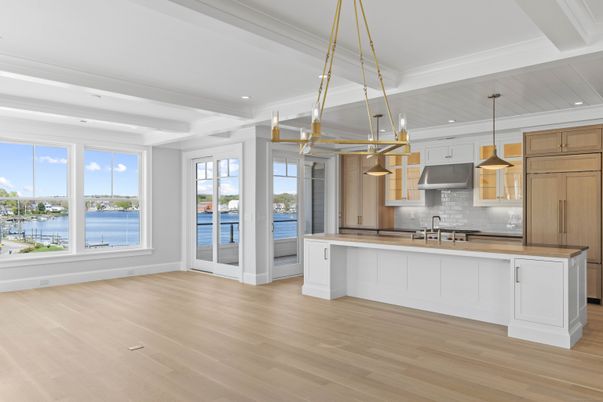 Interior, Kitchen, Pendant Lights, Recessed Lighting, Water, Wood Texture Flooring
