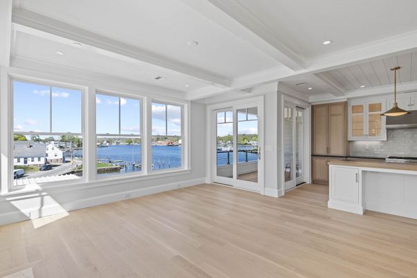 Empty room, Interior, Kitchen, Pendant Lights, Recessed Lighting, Water, Wood Texture Flooring