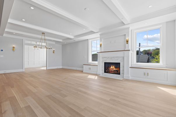 Empty room, Fireplace, Interior, Pendant Lights, Recessed Lighting, Wood Texture Flooring