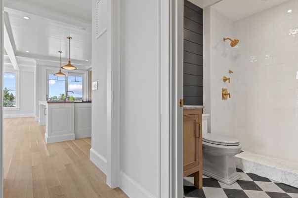 Bathroom, Interior, Pendant Lights, Recessed Lighting, Wood Texture Flooring