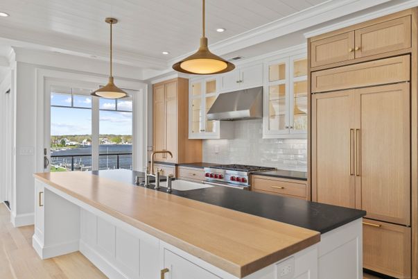 Interior, Kitchen, Pendant Lights, Recessed Lighting, Stainless Steel Appliances, Water, Wood Texture Flooring