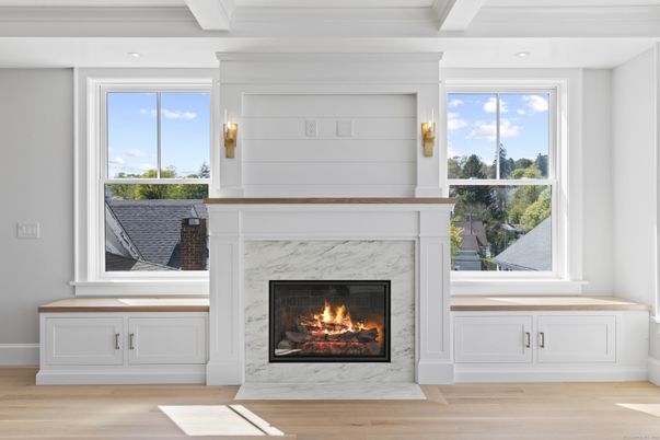 Fireplace, Interior, Recessed Lighting, Wood Texture Flooring