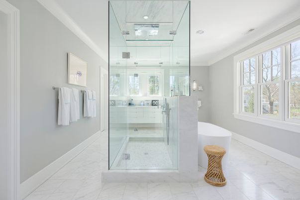Bathroom, Glass Shower, Interior, Marble, Recessed Lighting